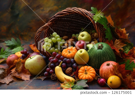 Wicker basket overflowing with a cornucopia of fresh fruits and vegetables on a rustic wooden table with autumn leaves creating a warm and inviting thanksgiving atmosphere Wicker basket overflowing with a cornucopia of fresh fruits and vegetables on a rustic wooden table with autumn leaves creating a warm and inviting thanksgiving atmosphere 126175001
