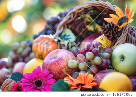 Wicker basket overflowing with a cornucopia of fresh fruits and vegetables for a festive thanksgiving celebration 126175002