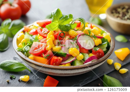 Fresh and colorful vegetarian salad with tomatoes, cucumber, corn and greens, perfect for a light meal 126175009