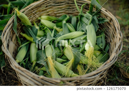 Wicker basket overflowing with freshly picked corn on the cob, showcasing the abundance of the harvest 126175070