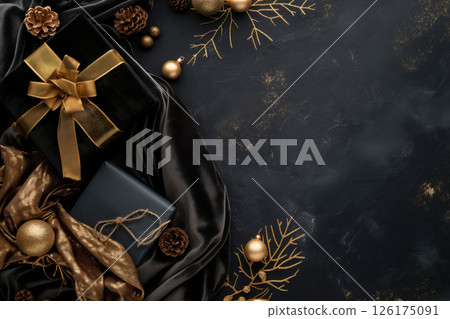 Christmas composition with gift boxes wrapped in black and gold wrapping paper and golden decorations on black velvet background providing copy space 126175091