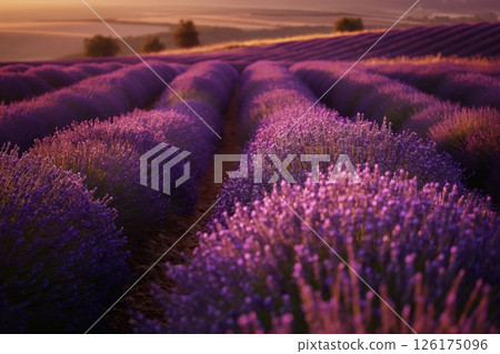 Rows of vibrant purple lavender plants basking in the warm glow of a golden sunset over the french countryside Rows of vibrant purple lavender plants basking in the warm glow of a golden sunset over the french countryside 126175096
