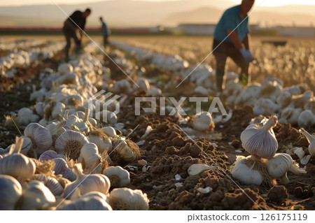Freshly harvested garlic bulbs are drying in the sun as farmers continue working in the background 126175119