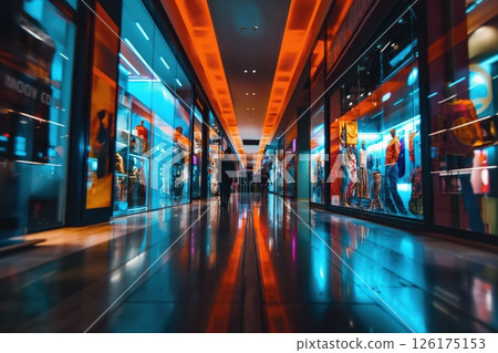 Man is walking down a brightly lit and colorful shopping mall with reflections on the floor 126175153