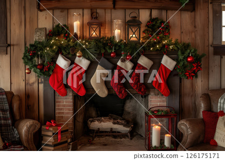 Traditional fireplace decorated for christmas with lighted garland, candles, and stockings Traditional fireplace decorated for christmas with lighted garland, candles, and stockings 126175171