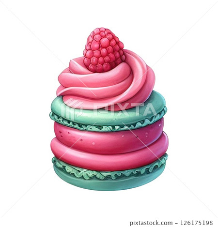 Watercolor macaron with watermelon and raspberry on a white background. 126175198