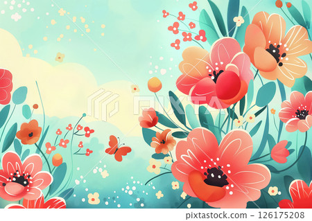 Cheerful greeting card featuring vibrant flowers and wishing happiness to others set against a serene backdrop 126175208