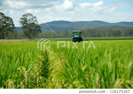 Farmers are inspecting a healthy rice paddy field with tractors in the background 126175267