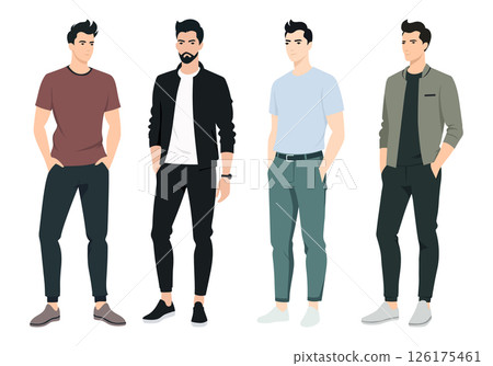 Stylish Men in Different Outfits. A set of fashionable men dressed in various outfits, including casual, formal, and street-style looks. 126175461