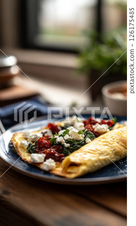 Rustic omelette with feta, spinach, and sun-dried tomatoes, enhanced by soft, natural window lighting that adds depth and texture to the dish 126175485
