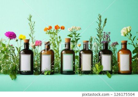 Various small glass bottles filled with vibrant essential oils are displayed with an assortment of fresh flowers, creating a calming and aromatic atmosphere 126175504