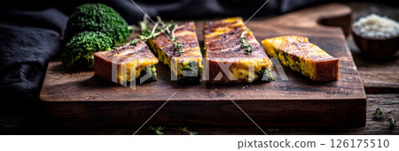 The golden frittata with broccoli, goat cheese, and Parmesan, arranged on a dark wooden surface. Moody lighting creates a warm, rustic atmosphere perfect for cozy entertaining, banner 126175510