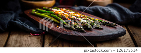 A plate of grilled asparagus garnished with Parmesan cheese and chili flakes, offering a fresh, crisp texture. This savory, healthy side dish brings a smoky, tender bite to any meal or snack 126175514