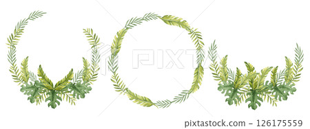 Tropical Leaves Watercolor circle frames, Wreaths Set. Eucalyptus, Banana Palm and Monstera. Hand drawn botanical illustration isolated on white background. For cards, invitations and logos. Tropical Leaves Watercolor circle frames, Wreaths Set. Eucalyptus, Banana Palm and Monstera. Hand drawn botanical illustration isolated on white background. For cards, invitations and logos. 126175559