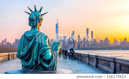 Liberty's quiet reflection: gazing at the vibrant tapestry of the cityscape 126175612