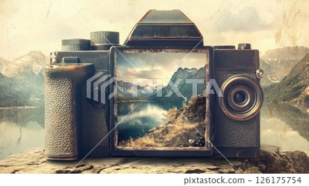 Vintage camera displaying scenic mountain lake view. 126175754