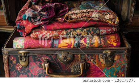 Vintage trunk overflowing with colorful textiles. 126175773