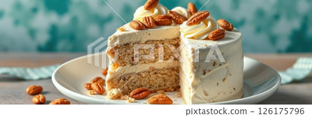 Delicious layered cake topped with pecans served on a plate in a bright kitchen setting Delicious layered cake topped with pecans served on a plate in a bright kitchen setting 126175796