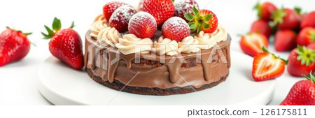 Decadent chocolate cake topped with fresh strawberries ready to be served at a dessert gathering 126175811