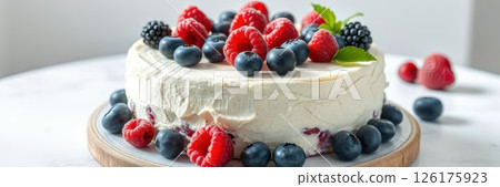 Stunning berry cake topped with fresh fruit on a wooden plate in a bright and airy kitchen setting 126175923