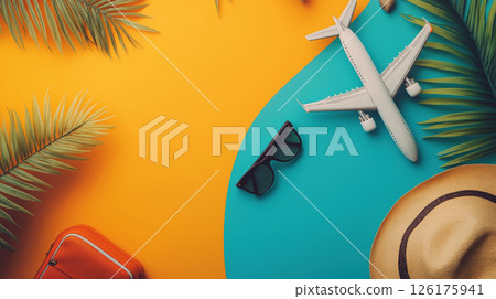 Summer Travel Concept with Plane, Hat, and Sunglasses 126175941
