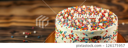 Colorful birthday cake with sprinkles on a wooden table ready for celebration 126175957