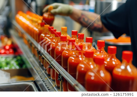 Factory worker is putting red lids on bottles of hot sauce traveling down an assembly line 126175991