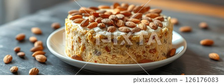 Delicious almond cake on a plate garnished with whole almonds in a cozy kitchen setting 126176083