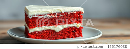 Delicious red velvet cake slice on a plate with creamy frosting in a cozy setting 126176088