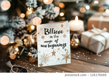Holiday greeting card with believe in the magic of beginnings inscription, surrounded by festive lights and christmas decorations 126176089