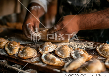 Baker is shaping traditional south american empanadas on a rustic wooden table dusted with flour 126176132