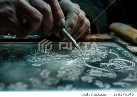 Close up of artisan hands using specialized tool, meticulously engraving delicate floral patterns onto a glass surface, showcasing traditional craftsmanship and artistry 126176149