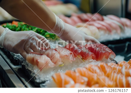 Fishmonger wearing gloves arranging pieces of fresh sashimi on bed of ice for sale at supermarket or restaurant 126176157