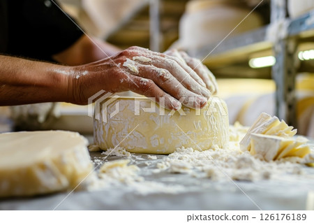 Cheesemaker covering a wheel of cheese with flour in a workshop, cheesemaking process and dairy production 126176189