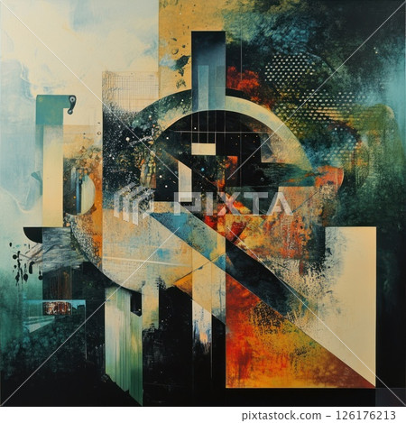Abstract art with geometric shapes, vibrant colors, and textured surfaces. 126176213
