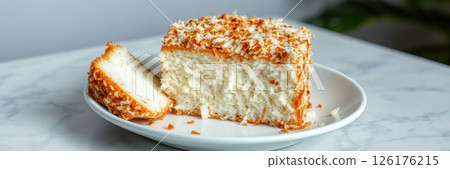 Delicious coconut cake presented on a white plate with a slice removed, showcasing its fluffy texture and topping 126176215