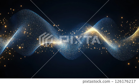 Abstract glittering wave, blue and gold particles on dark background. 126176217