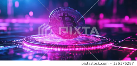 Glowing Bitcoin cryptocurrency coin on futuristic digital platform. Glowing Bitcoin cryptocurrency coin on futuristic digital platform. 126176297