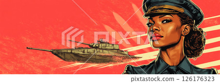Patriotic poster featuring Afroamerican tanker in uniform, striking a confident pose before a tank, blending style, grit, and national pride, banner Patriotic poster featuring Afroamerican tanker in uniform, striking a confident pose before a tank, blending style, grit, and national pride, banner 126176323