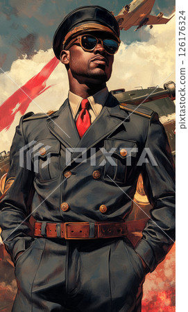 Retro advertising poster shows Afroamerican man in tanker gear and boots posing with grit and confidence in front of a tank, styled with military pride and bold vintage flair Retro advertising poster shows Afroamerican man in tanker gear and boots posing with grit and confidence in front of a tank, styled with military pride and bold vintage flair 126176324