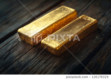 Neatly stacked gold bars on dark wood surface with soft glow and shadow, ideal for finance, wealth, and product photography themes 126176329