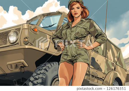 Full-length female soldier in infantry gear poses in front of a combat vehicle, styled as a bold 1950s pin-up poster with patriotic flair 126176351