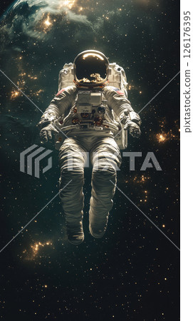 A classic pin-up style poster featuring an astronaut in a sleek spacesuit floating in the vast cosmos, surrounded by twinkling stars and a distant Earth A classic pin-up style poster featuring an astronaut in a sleek spacesuit floating in the vast cosmos, surrounded by twinkling stars and a distant Earth 126176395