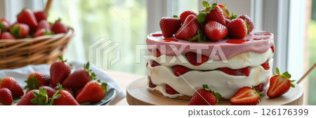 Delicious strawberry cake with fresh strawberries displayed beautifully on a wooden table 126176399