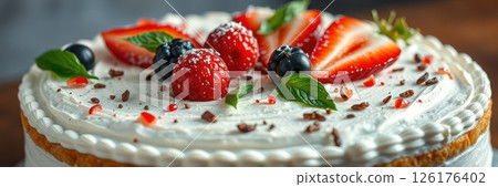 Delicious dessert topped with fresh strawberries, raspberries, and blueberries at a cozy cafe in the afternoon 126176402