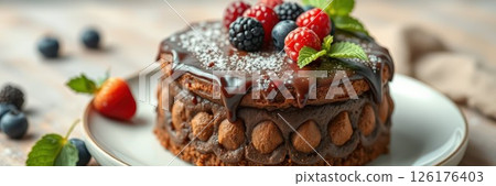 Delicious chocolate cake topped with fresh berries and mint leaves on a rustic wooden table 126176403