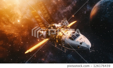 Spacecraft orbiting a planet in a nebula. 126176439