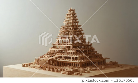 Intricate wooden model of a tiered pagoda-style structure. 126176503