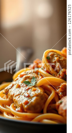 Pasta with savory sauce and herbs served in a cozy kitchen setting during a relaxed mealtime 126176525
