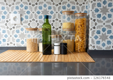 Kitchen countertop with storage jars Kitchen countertop with storage jars 126176548
